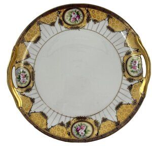 Noritake Morimura Gold & White Cake Plate Nippon Green Mark Hand Paint Roses